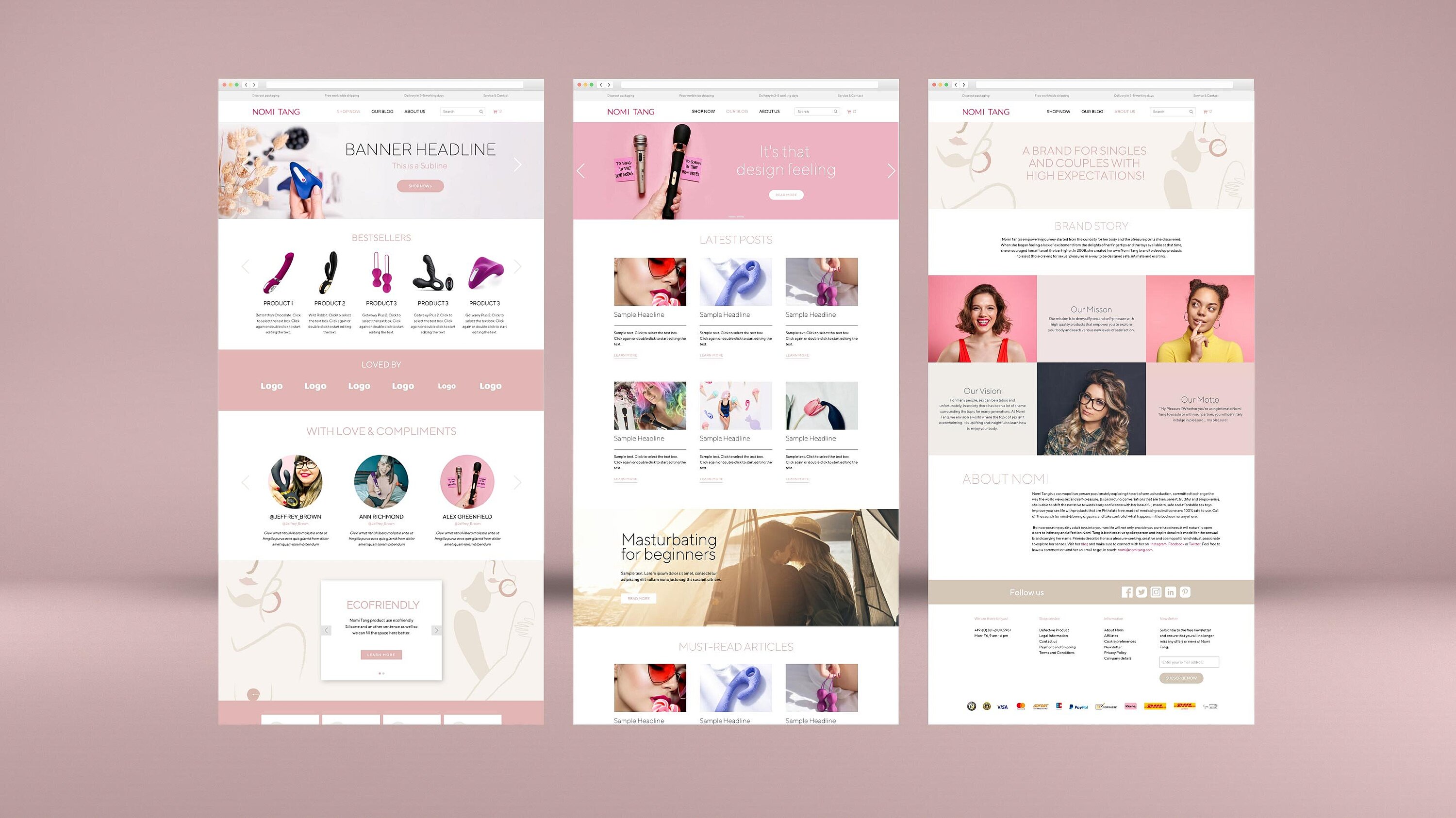3-teilige Website-Darstellung von Nomi Tang vor rosé-farbenen Hintergrund 